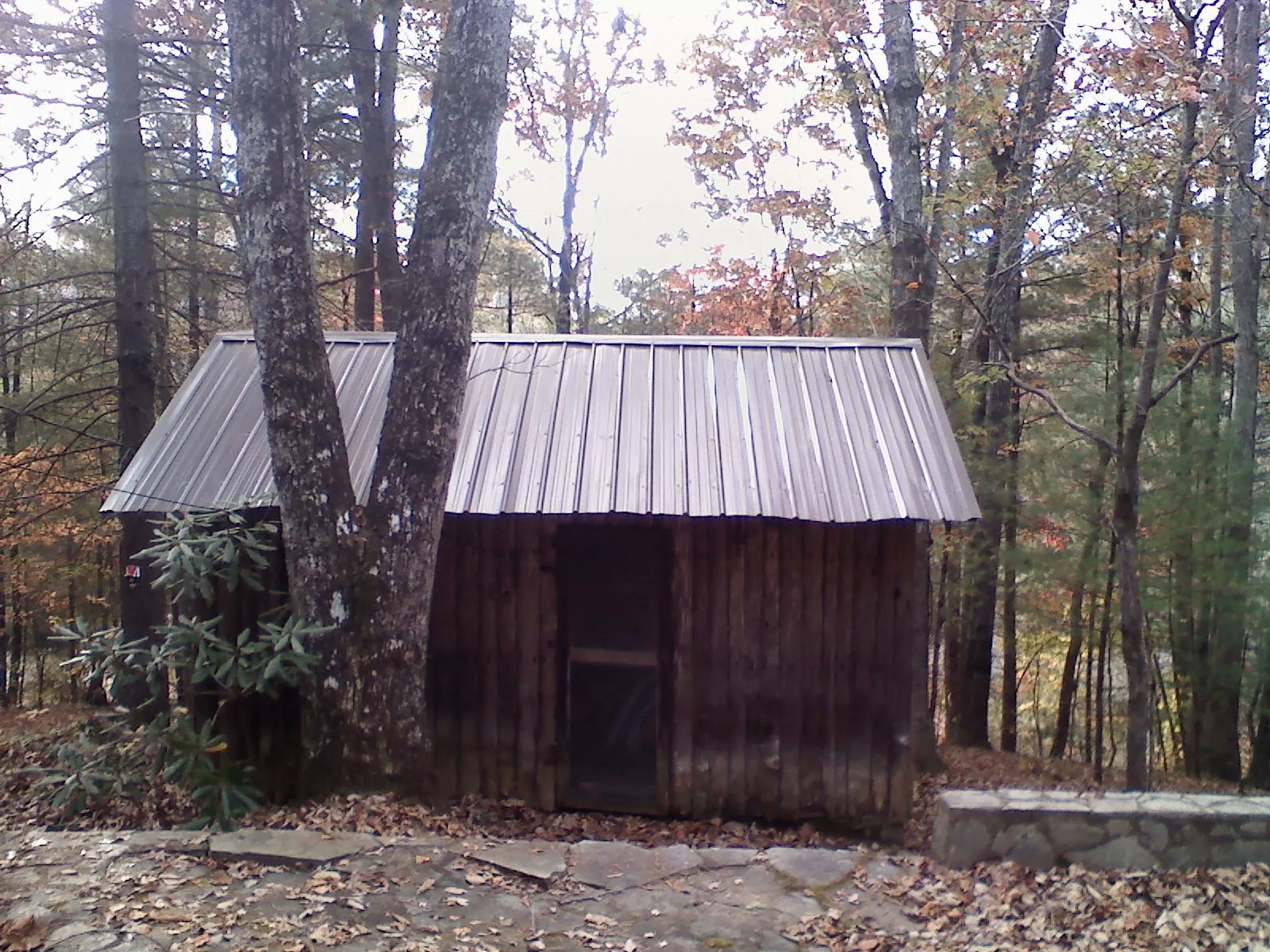 New metal gable roof on a small log shed among the trees in Mashpee